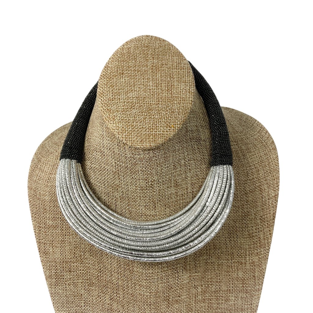 Brunello Cucinelli Silver Metallic / Charcoal Monili Bead Embellished Leather To